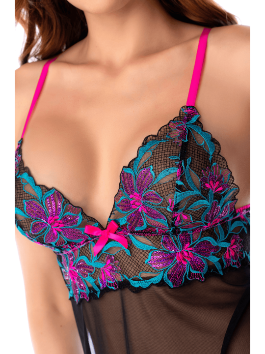 Babydoll noir en maille transparente avec sequins brodés – Mapalé