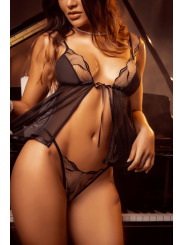 Babydoll noir et chair en maille transparente avec broderie – Mapalé