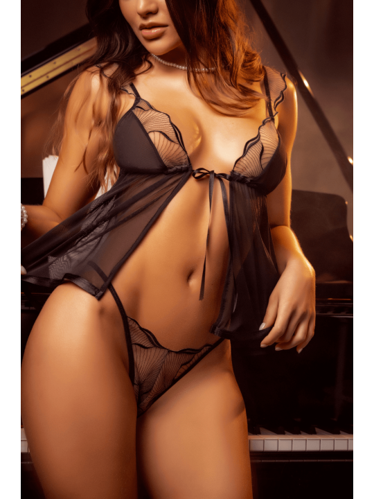 Babydoll noir et chair en maille transparente avec broderie – Mapalé