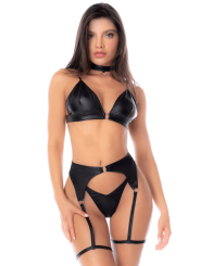 Ensemble lingerie 4 pièces noir effet wetlook – Mapalé