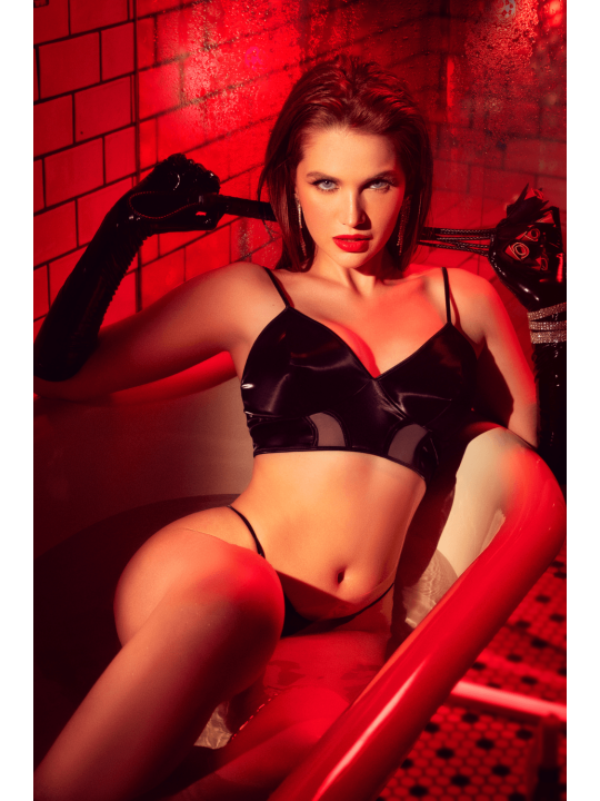 Ensemble lingerie noir effet wetlook et maille transparente – Mapalé
