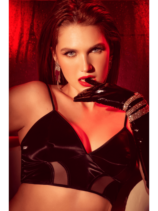 Ensemble lingerie noir effet wetlook et maille transparente – Mapalé