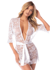 Kimono blanc en dentelle florale transparente avec ceinture – Mapalé
