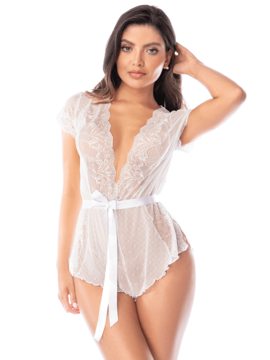 Combishort blanc en dentelle transparente avec ceinture – Mapalé