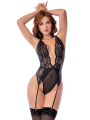 Body noir en dentelle avec dos lacé et porte-jarretelles – Mapalé