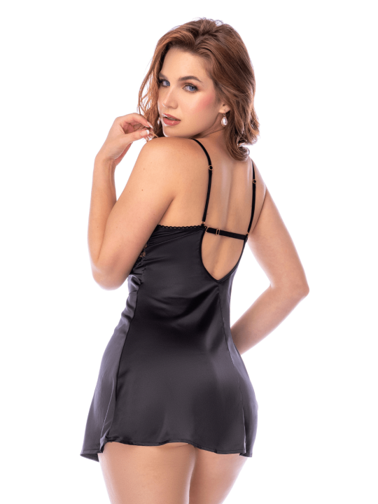 Babydoll noir et chair en satin avec broderie florale – Mapalé