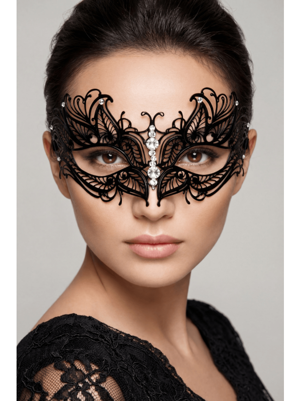 Masque vénitien Greta rigide noir avec strass  -  HMJ-005BK