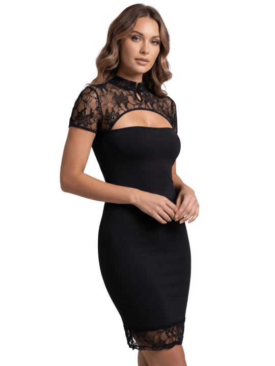 Robe courte col dentelle Athéna - LDC06BLK
