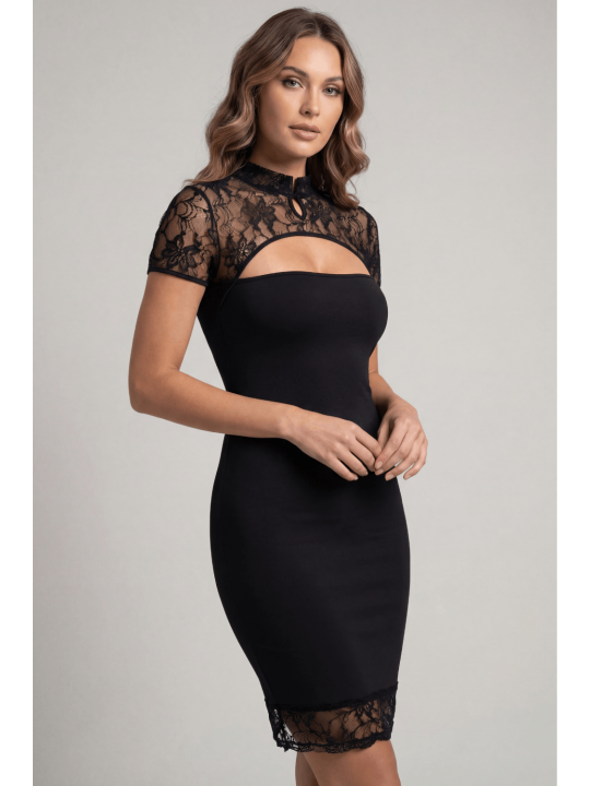 Robe courte col dentelle Athéna - LDC06BLK