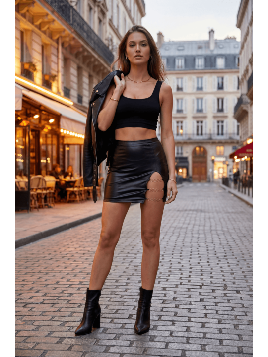 Jupe courte noire Elena fendue sur le côté - LDC08BLK