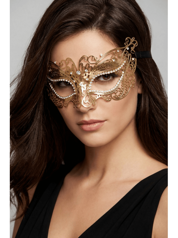 Masque vénitien Alba rigide doré avec strass - HMJ-039B