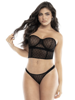 Bustier en résille noire sans bretelles et string assorti 