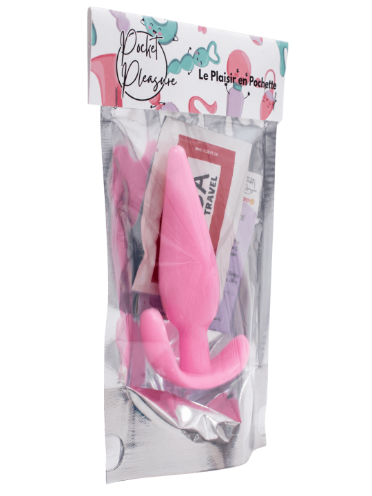 Plug anal rose souple base évasée Pocket Pleasure  1 dosette lubrifiant