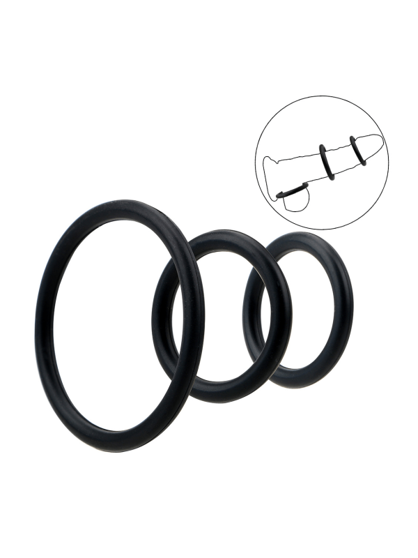 Trio d'Anneaux Péniens Silicone Noir Pocket Pleasure  1 dosette de lubrifiant