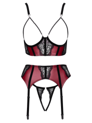 Ensemble Jarretelles 3 Pièces Rouge Foncé  Noir - Cottelli