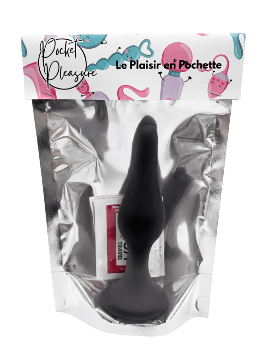 Plug Anal Noir en Silicone XL avec Ventouse Taille XL 15 cm Pocket Pleasure  1 dosette de lubrifiant