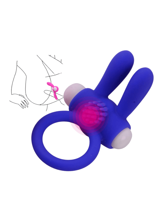 Anneau vibrant silicone bleu avec oreilles de lapin - COR-003BLU