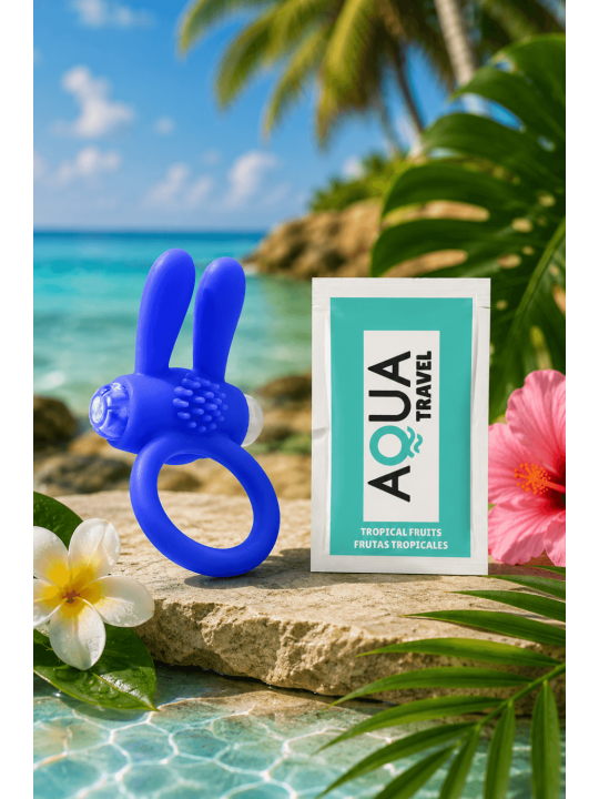 Anneau vibrant silicone bleu avec oreilles de lapin - COR-003BLU