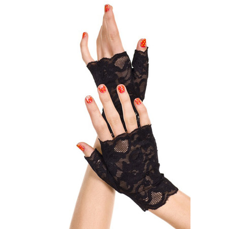 Gants noirs doigts ouverts dentelle florale 
