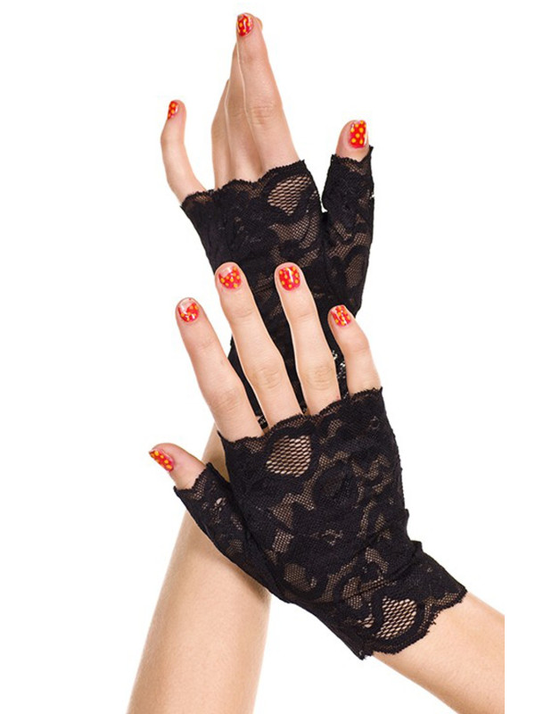 Gants noirs doigts ouverts dentelle florale 