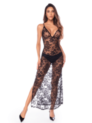 Nuisette transparente noire en dentelle avec décolleté plongeant et fentes latérales - Mapalé