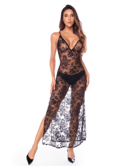 Nuisette transparente noire en dentelle avec décolleté plongeant et fentes latérales - Mapalé