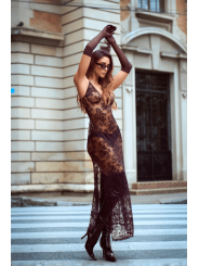 Nuisette transparente noire en dentelle avec décolleté plongeant et fentes latérales - Mapalé