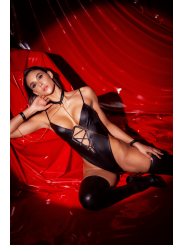 Body wetlook noir avec laçage et chaînes - Mapalé