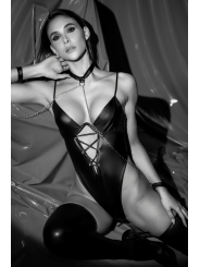Body wetlook noir avec laçage et chaînes - Mapalé