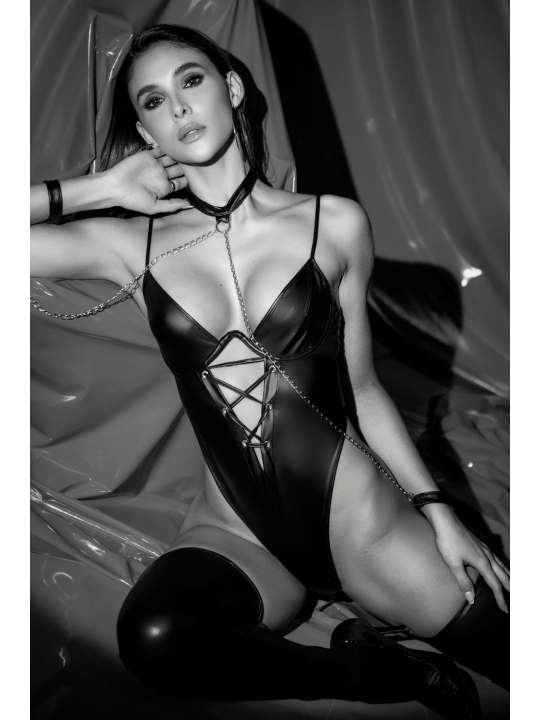 Body wetlook noir avec laçage et chaînes - Mapalé