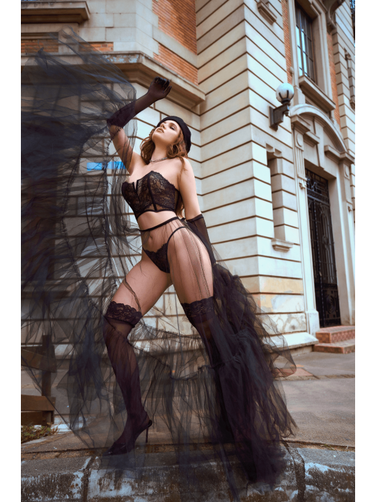 Ensemble 2 pièces bustier en dentelle et string noir - Mapalé