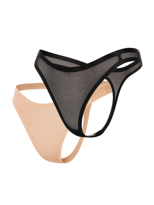 Lot de 2 strings invisibles en résille transparente noir et nude - Mapalé