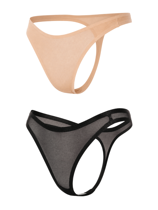 Lot de 2 strings invisibles en résille transparente noir et nude - Mapalé