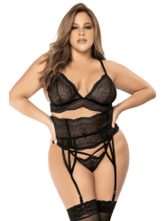 Ensemble lingerie 3 pièces noir en dentelle avec porte-jarretelles - Mapalé