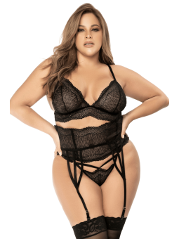 Ensemble lingerie 3 pièces noir en dentelle avec porte-jarretelles - Mapalé