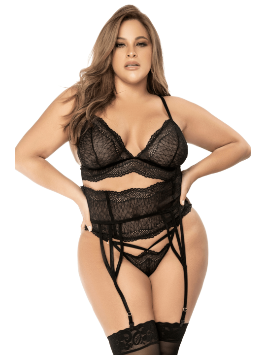 Ensemble lingerie 3 pièces noir en dentelle avec porte-jarretelles - Mapalé
