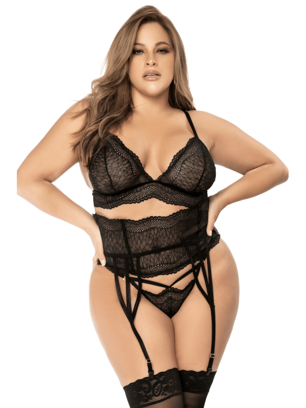 Ensemble lingerie 3 pièces noir en dentelle avec porte-jarretelles - Mapalé