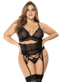 Ensemble lingerie 3 pièces noir en dentelle avec porte-jarretelles - Mapalé