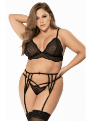 Ensemble lingerie 3 pièces noir en dentelle avec porte-jarretelles - Mapalé