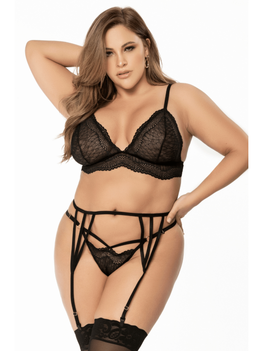 Ensemble lingerie 3 pièces noir en dentelle avec porte-jarretelles - Mapalé