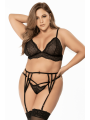 Ensemble lingerie 3 pièces noir en dentelle avec porte-jarretelles - Mapalé