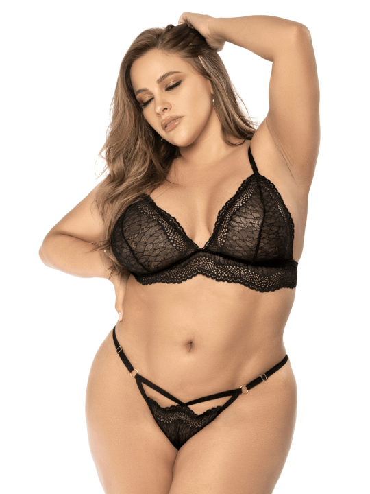 Ensemble lingerie 3 pièces noir en dentelle avec porte-jarretelles - Mapalé