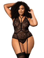 Body grande taille noir en dentelle florale avec harnais amovible - Mapalé