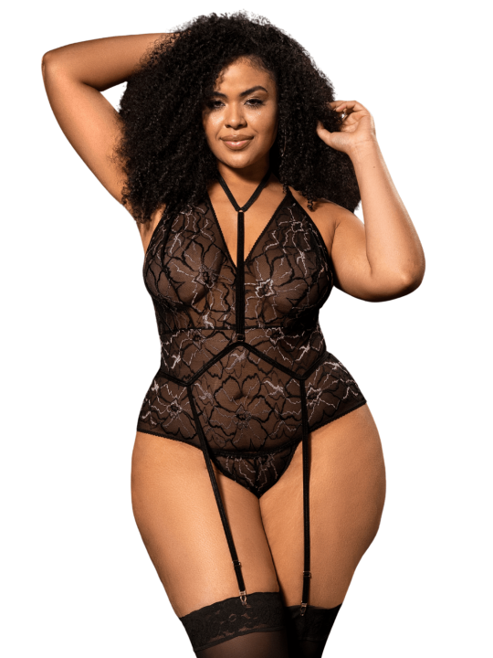 Body grande taille noir en dentelle florale avec harnais amovible - Mapalé