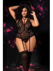 Body grande taille noir en dentelle florale avec harnais amovible - Mapalé