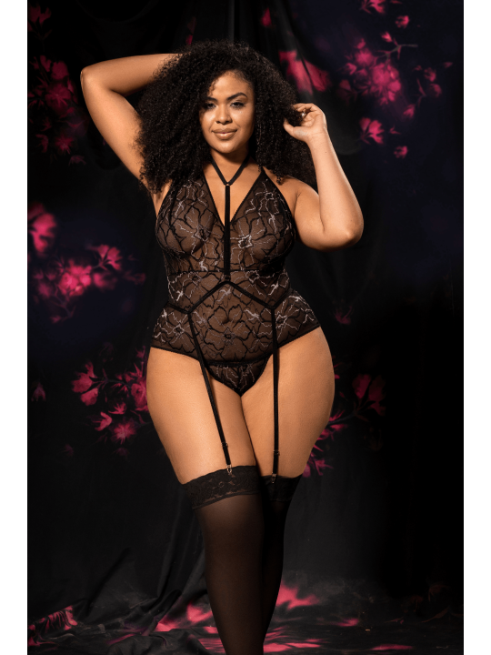 Body grande taille noir en dentelle florale avec harnais amovible - Mapalé