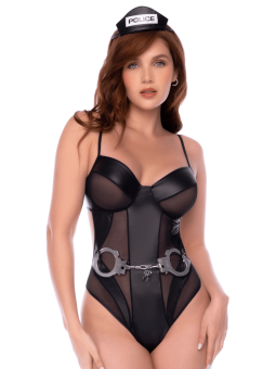 Body policier en résille transparente et wetlook avec détails métalliques - Mapalé