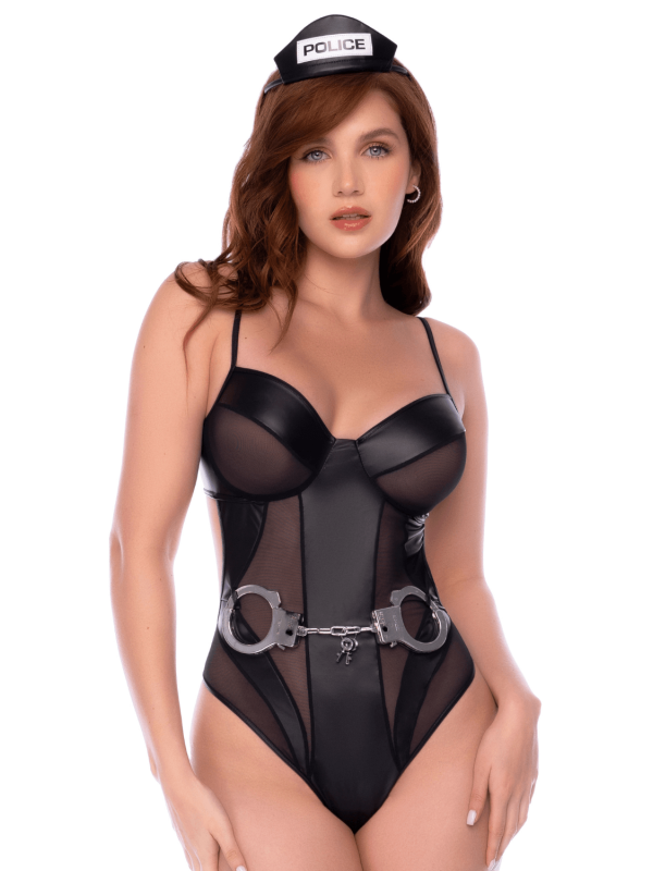 Body policier en résille transparente et wetlook avec détails métalliques - Mapalé