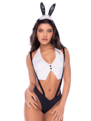 Déguisement lapine sexy 3 pièces avec oreilles, top court et culotte à bretelles - Mapalé