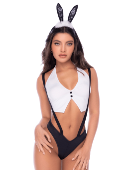 Déguisement lapine sexy 3 pièces avec oreilles, top court et culotte à bretelles - Mapalé